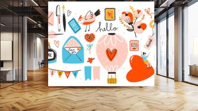 Love post office. Many various romantic objects. Saint Valentine's day big vector set. Colored trendy illustration. Flat design. All elements are isolated Wall mural