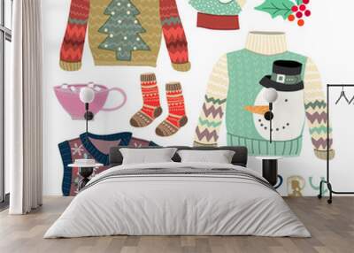 Merry christmas. Hand drawn christmas sweaters and other winter elements. Colored vector set. All elements are isolated Wall mural