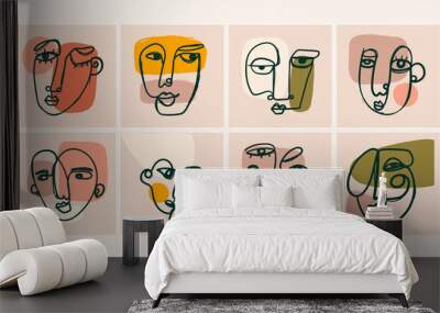 Modern abstract Faces. Various face expressions. Contemporary female and male silhouettes. Hand drawn Outline Vector illustrations. Continuous line, minimalistic concept. All elements are isolated Wall mural