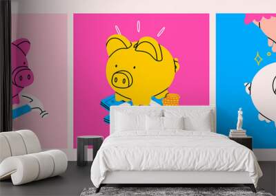 Piggy bank set. Piggy on a stack of money, hand putting coin into piggy bank, broken pig. Earning money, savings, investment, business advertising concept. Hand drawn isolated Vector illustrations Wall mural