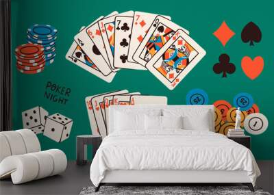 Poker night set. Playing cards, casino chips, token, dice, card suits. Hand drawn Vector illustration. Tournament, game, casino, poker, gambling, game, fun concept. Isolated design elements Wall mural