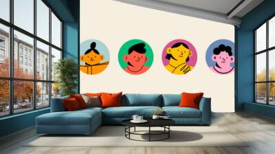 Portraits of diverse young people. Cute funny characters. Trendy modern art. Cartoon, minimal, abstract contemporary style. Round avatar, icon, logo templates. Hand drawn Vector isolated illustrations Wall mural