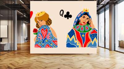 Queens of diamonds, clubs, hearts, spades. Women portraits set. Playing cards, gambling, poker concept. Cartoon style. Hand drawn modern Vector illustration. Poster, t-shirt print, design templates Wall mural