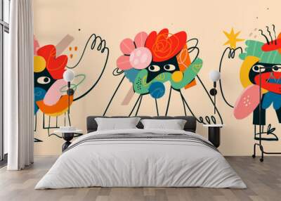 Quirky abstract Creatures. Cute funny characters with eyes, doodle shapes, hands, legs. Cartoon contemporary style. Isolated elements, design templates. Hand drawn modern Vector illustration Wall mural