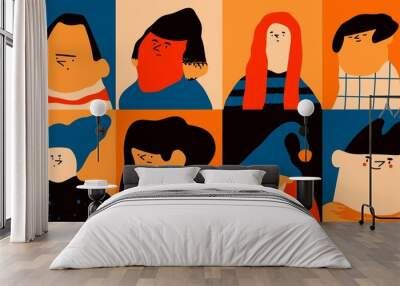 quirky portraits. diverse people. cute funny characters. trendy modern art. cartoon, minimal, abstra Wall mural