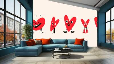 Red Hearts with legs and shoes. Various mood, face emotions. Cartoon style. Cute funny characters. Hand drawn Vector illustration. Love, Valentine's day, romance concept. Isolated design elements Wall mural