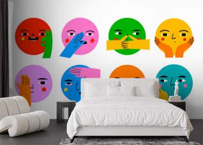 Round abstract comic Faces with various Emotions and hand gestures. Different colored characters. Cartoon style. Flat design. Hand drawn trendy Vector illustration. Every face is isolated Wall mural