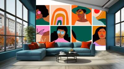 Set of Beautiful black Women in sunglasses and Abstract shapes. Fashion portraits, trendy backgrounds. Hand drawn Vector illustrations. Templates for cards, posters, banners, t-shirt prints Wall mural