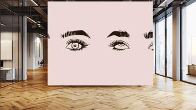 Set of Beautiful female Eyes with long Eyelashes and Brows. Close up emotional fashion look. Hand drawn Vector illustration. Brow bar, beauty salon concept. Logo, poster or print template Wall mural