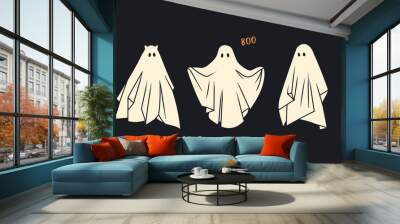 Set of cloth Ghosts. Flying Phantoms. Halloween scary ghostly monsters. Cute cartoon spooky characters. Holiday Silhouettes. Hand drawn trendy Vector illustration. All elements are isolated Wall mural