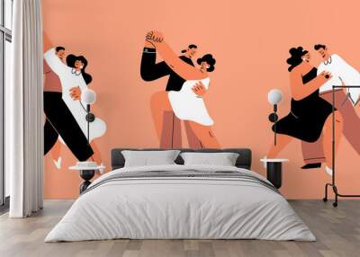 Set of Couples hugging and Dancing. Cartoon characters. Abstract people with small heads in dance movement. Dating, love, relationship, flirting, fun, passion concept. Hand drawn Vector illustration Wall mural