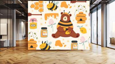 Set of cute bee, tasty healthy honey, jars, hive, honey spoon, flower, bear, honeycomb. Hand drawn colored trendy vector illustration. Cartoon style. Flat design. Seamless pattern Wall mural