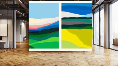 Set of four abstract Landscapes. Colorful sky, field, grass, green hills, horizon. Flat design. Nature, tourism, travel concept. Hand drawn trendy Vector illustration. Square backgrounds Wall mural