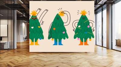 Set of funny Christmas tree characters with faces. Various emotions. Cartoon style. Merry Christmas, New year concept. Trees with hands, legs, garland with lights. Hand drawn Vector illustration. Wall mural