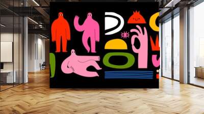 Set of Hand drawn various Shapes and Doodle objects and People silhouettes. Abstract contemporary modern trendy Vector illustrations. Colorful palette. All elements are isolated Wall mural