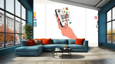 Set of hands that hold smartphones with various images. Communication, social networking concept. Stylized hand drawn vector illustration for Mobile Application or web sites and banner design Wall mural