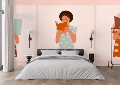 Set of three Girls that are reading Books while standing. Young women. Beautiful dresses with prints. Read more books concept. Hand drawn Vector trendy illustration. Pastel colors Wall mural