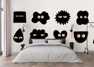 Set of Various black Doodle shapes with face emotions. Different figures with eyes. Hand drawn trendy Vector illustration for kids. Cute funny characters. All elements are isolated Wall mural