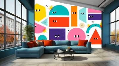 Set of Various bright basic Geometric Figures with face emotions. Different shapes. Hand drawn trendy Vector illustration for kids. Cute funny characters. All elements are isolated Wall mural