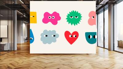 Set of Various bright Doodle shapes with face emotions. Different figures. Hand drawn trendy Vector illustration for kids. Cute funny characters. All elements are isolated Wall mural