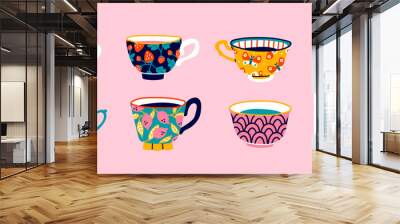 Set of various cups with tea or coffee. Side view. Different ornaments. Flowers, berries, etc Hand drawn colored trendy vector illustration. Cartoon style. Flat design. Isolated on a pink background Wall mural