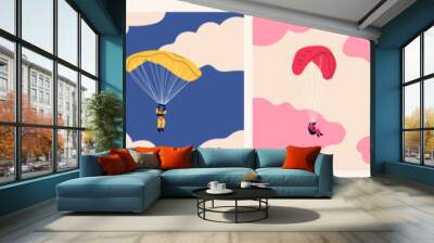 Skydivers flying with parachutes. Set of tiny cute characters. Hand drawn colorful illustration. Isolated design elements. Paragliding, skydiving, parachute jump, extreme sport, activities concept Wall mural