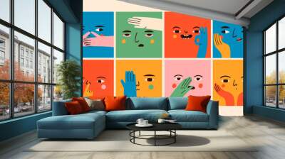 Square abstract comic Faces with various Emotions and hand gestures. Different colored characters. Cartoon style. Flat design. Hand drawn trendy Vector illustrations. Every face is isolated Wall mural