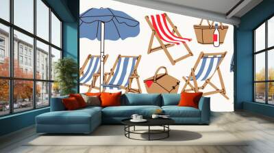 Summer beach set. Beach chairs, wooden deck chair, sun umbrella, picnic basket, sunbed. Hand drawn Vector illustration. Trendy unique style. Isolated design elements. Vacation, relax, holiday concept Wall mural