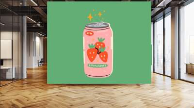 Tasty Strawberry Soda. Soft Drink in aluminum Can. Carbonated water with fruit flavor. Kawaii Japanese asian style. Hand drawn colorful Vector illustration. Icon, logo or Poster template Wall mural