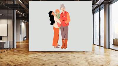 Two stylish Ladies are standing and holding a little baby. Happy family portrait. Hand drawn colored Vector illustration. Adoption, parenting, lgbt concept Wall mural