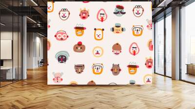 Various abstract People and creatures. Faces, heads. Characters, avatars. Different Icons and logos. Cute hand drawn trendy Vector illustration. Seamless Pattern. Background, wallpaper Wall mural