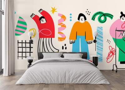 Various abstract People and doodle objects. Young men and women standing together in colorful clothing. Cartoon style characters. Hand drawn trendy Vector illustration. Isolated design elements Wall mural