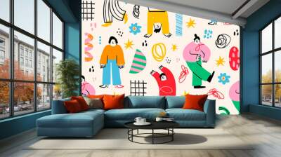 Various abstract People and doodle objects. Young men and women standing together in colorful clothing. Cartoon style characters. Hand drawn trendy Vector illustration. Square seamless Pattern Wall mural