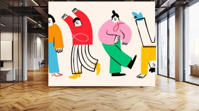 Various abstract People. Young men and women standing together in colorful clothing. Different poses. Cartoon style characters. Hand drawn trendy Vector illustration. Isolated design elements Wall mural