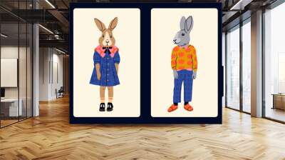 Various anthropomorphic Rabbits. Hand drawn Vector illustration. Cute cartoon creatures standing. Fashion animal characters. Different stylish clothes. Every bunny is isolated. New year symbol Wall mural