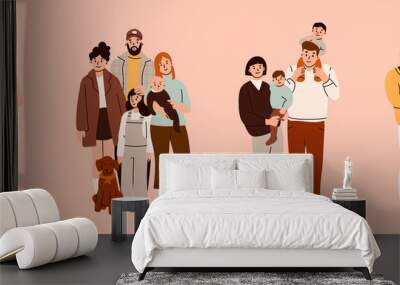 Various Families. Set of family portraits. Group of people standing together. Hand drawn colored Vector illustration. Parents, children, relatives, friends, partners. Togetherness, parenting concept Wall mural