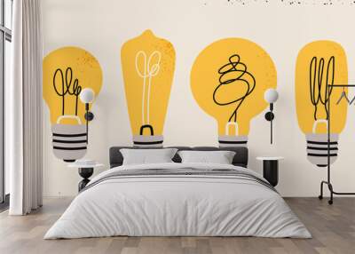 Various Light bulbs. Cartoon flat style. Idea, creativity, innovation, inspiration, invention concept. Hand drawn modern Vector illustration. Isolated design elements Wall mural