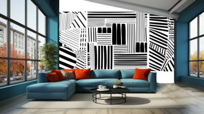 Various lines and shapes. Set of three black and white abstract seamless patterns. Hand drawn vector illustration. Every pattern is isolated Wall mural