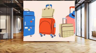 Various luggage bags, suitcases, baggage, travel bags. Vacation, travel, holiday concept. Hand drawn Vector set. Colorful trendy illustration. Cartoon style. Flat design. All elements are isolated Wall mural