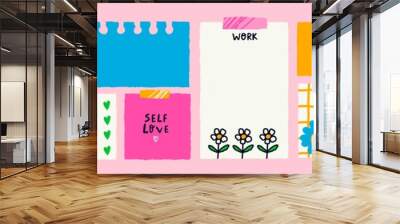 Various Paper notes on stickers. Information board with blank Paper sticky notes for reminders, to do list, planner, schedule. Hand drawn Vector illustration. Cartoon style. All elements are isolated Wall mural