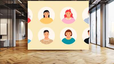 Various people Avatars. Round icons. Social media profile. Men and women, male, female. Different age, clothes, various haircuts. Hand drawn vector set. Trendy illustration. All elements are isolated Wall mural