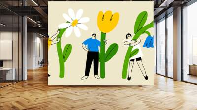 Various people with a giant Flowers. Young person holding flower. Cute funny isolated characters. Cartoon style. Hand drawn Vector illustration. Flower delivery service, florist, botanical concept Wall mural