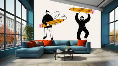 Various people with a large Pencil. Young person holding pencil. Cute funny isolated characters. Cartoon style. Hand drawn Vector illustration. Drawing, writing, creating, design, blogging concept Wall mural