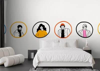 Various portraits of men and women. Diverse stylish people in trendy clothes. Korean japanese asian cartoon style. Hand drawn modern Vector illustration. Templates for social media icons, avatars Wall mural