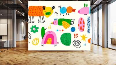 Various quirky creatures and doodle objects. Abstract monsters or fantastic animals. Childish style. Cute characters. Colorful trendy Vector set. Hand drawn illustration. All elements are isolated Wall mural