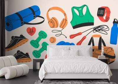 Various Sport equipment. Fitness inventory, gym accessories. Dumbbells, fitness tracker, headphones, bottle, jump rope, shoes, mat, boxing gloves. Healthy lifestyle concept. Hand drawn Vector set Wall mural