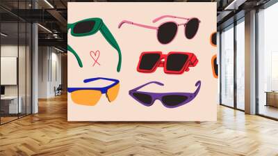 Various Sunglasses. Different shapes, colors. Plastic, metal frame. Hand drawn modern Vector illustration. Design elements set. Isolated objects. Summer fashion accessories, sun protection concept Wall mural