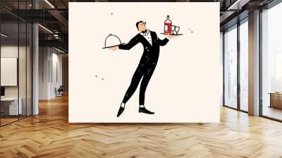 Waiter carrying tray with food and drinks. Cute cartoon character. Hand drawn Vector illustration. Isolated design element. Restaurant staff, service, professional kitchen, cooking, food concept Wall mural