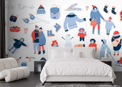 winter activities. various people. cozy winter clothes and other stuff. big colored vector set. all  Wall mural