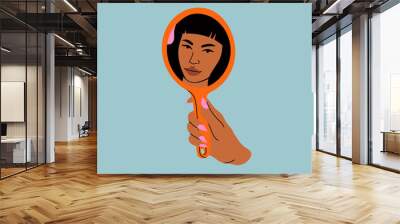 Woman's hand holding mirror reflexing her beautiful face. Lady staring at herself in mirror reflection. Hand drawn isolated Vector illustration. Cartoon flat style. Self love, acceptance concept Wall mural